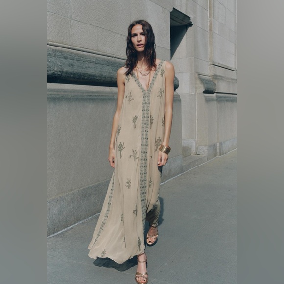 Zara zw collection gray beaded Floral Maxi Dress - Picture 9 of 9